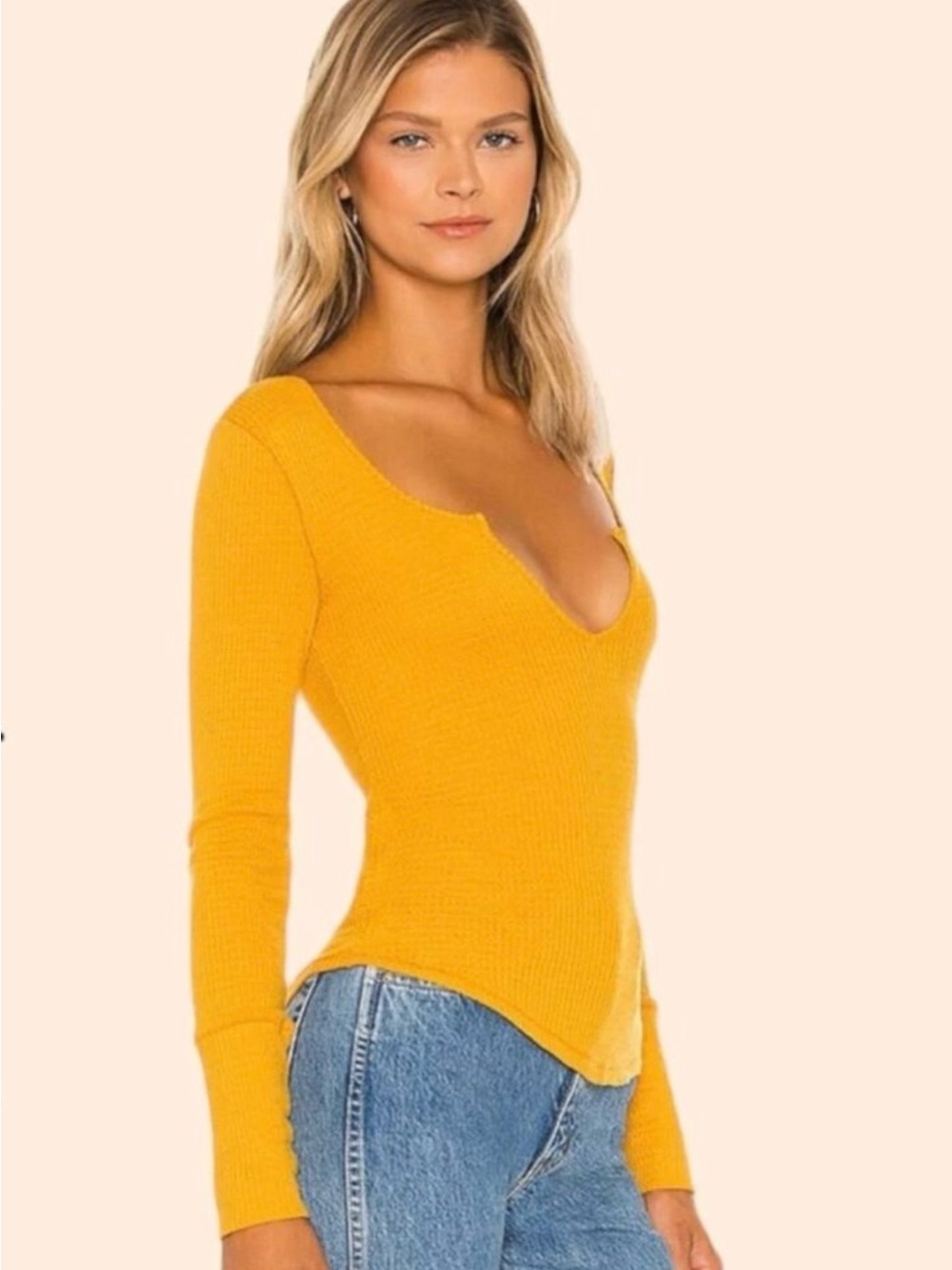 Free People Intimately Ciara V-Neck Thermal Layering Top Mustard Gold L NWT